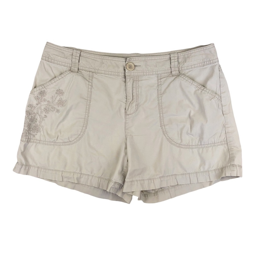 INC Floral Embroidered Rhinestone Shorts Light Khaki Size 10